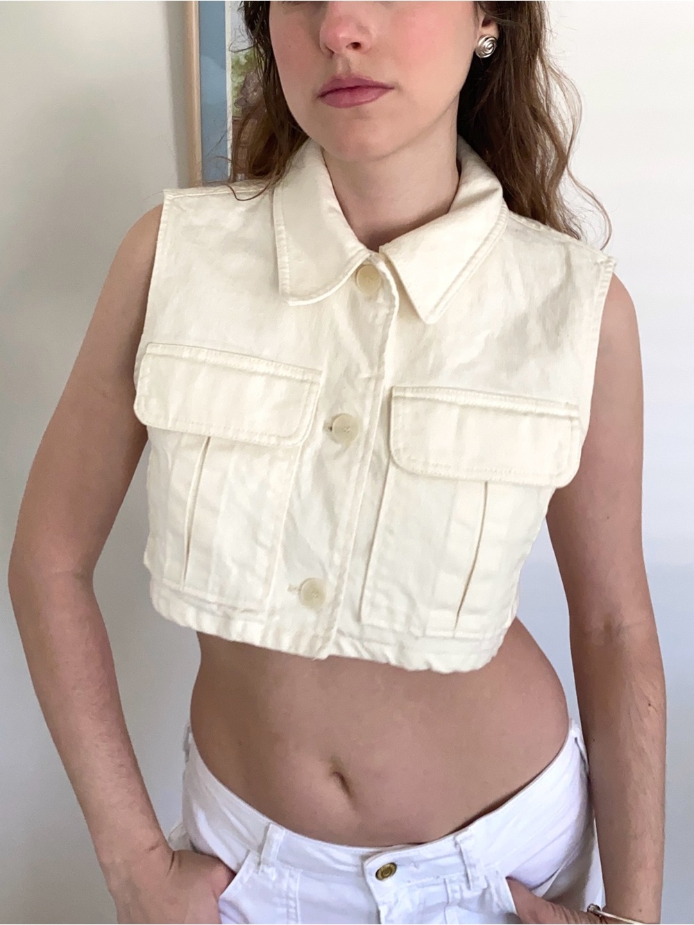 Zara Cream Crop Top Cargo Utility Vest